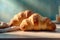 Croissants, bread on a pastel background Commercial photography