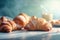 Croissants, bread on a pastel background Commercial photography