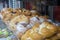 Croissants, count on display in Naples. Typical Italian Neapolitan sweets on a bakery window, Italian breakfast