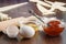 Croissants making on wood table with flour