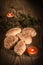 Croissants, pastries, muffins, cakes and pastries on a beautiful wooden background with candles 2