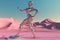 Crome robot woman dancing in the desert. Artificial intelligence rise and shiny. Mechanical beauty. Generated AI.