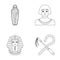 Crook and flail,a golden mask, an egyptian, a mummy in a tomb.Ancient Egypt set collection icons in outline style vector