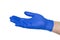 Crop hand in blue glove with palm up on white background
