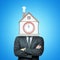 Crop image of a businessman with arms folded and a house with a smoking chimney and a clock-face on front wall instead