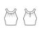 Crop top rounded neck band tank technical fashion illustration with ruching, fitted, button keyhole, waist length.