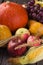 Crop of vegetables and fruit: pumpkin, apples, grapes, corn, whe