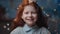 Crop view of cheerful teen girl smiling and looking to camera. Cute kid with long red curly hair in birthday hat