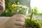 Crop view of child hands playing with green moss and wild flowers