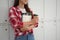 Cropped, Attractive asian female university student with her stuff, standing in locker room