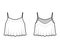 Cropped camisole top technical fashion illustration with scoop neck, flare hem, loose silhouette, straps, outwear tank