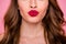 Cropped close up photo amazing beautiful she her lady attractive show ideal plump allure rose lips pomade lipstick hide