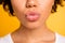 Cropped close up photo beautiful amazing she her dark skin lady send kisses perfect mouth plump lips naturally balm