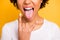 Cropped close up photo beautiful she her dark skin lady tongue out mouth ready rock concert pretty manicure wear casual