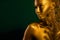 Cropped close up photo of shine lady statue look empty space newyear sale offer isolated on green color background