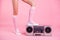 Cropped close up photo skinny perfect ideal she her lady legs standing on boom box play on fitness training happy glad