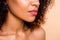 Cropped close up side profile photo beautiful she her dark skin model lady enjoy new made perfect big lips size