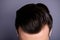 Cropped close up top above high angle photo amazing he him his macho showing neat groomed head haircut look mirror bath