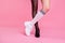 Cropped close-up view image concept photo of two girlish feminine attractive different fit thin slim legs cozy comfort
