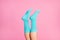 Cropped close-up view of nice attractive lovely prefect legs wearing bright blue soft comfortable socks 8 March day