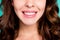 Cropped close-up view portrait of nice-looking healthy perfect white cheerful cheery smiling wavy-haired girl isolated