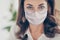 Cropped close-up view portrait of pretty corporate woman in eyewear wearing safety mask anti virus stop pandemia risk