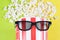 Cropped closeup photo of funny comic paper bucket wearing black trend fashionable modern specs having cool hairdo isolated bright