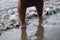 Cropped dark skin barefoot woman legs walking through sea coast, beach, foam wash. Multicultural person, summer vacation