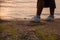 Cropped dark skin woman legs in boots walking near water of river or sea side sandy, grass beach, nature vacation abroad