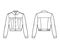 Cropped denim jacket technical fashion illustration with full waist length, fitted body, button closure, classic collar