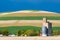 Cropped fields with grain silo