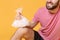 Cropped image of bearded fitness sporty guy sportsman in headband t-shirt in home gym isolated on yellow background