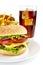 Cropped image of cheeseburger,french fries,glass of cola on plat