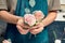 Cropped image of Female Florist at work. Arranging various flowers in bouquet. Close up flowers in hand. Florist workplace. Floral