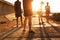 Cropped image of fitness people on pier outdoor