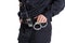 Cropped image of male policeman officer wearing black uniform with walkie-talkie and handcuffs isolated on white