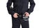 Cropped image of male policeman officer wearing black uniform with walkie-talkie and handcuffs isolated on white