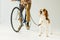 cropped image of man on bike with beagle on white