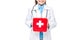 cropped image of schoolchild in costume of doctor holding first aid kit