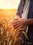 Cropped image of unrecognized man in the wheat field. Farmer holding the spikes of grain in hands carefully. Blurred backdrop.