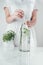 cropped image of woman closing glass bottle with water and dill