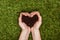 cropped image of woman holding heart shaped soil in hands above green grass, earth