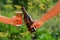 Cropped image of woman and man clanging glass of beer and bottle