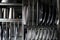 Cropped, partial and close view of kitchen utensils all together display on a residential kitchen rack.