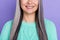 Cropped photo of aged cheerful woman oral care veneers clinic whitening isolated over violet color background