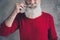 Cropped photo of aged guy touch fingers perfect groomed long beard moustache salon styling wear red knitted jumper