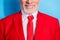 Cropped photo of bearded pensioner man beaming white smile wear necktie red tuxedo isolated blue color background