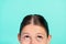 Cropped photo of curious lady look up empty space eye examination concept isolated teal color background