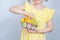 Cropped photo of girl with a shopping basket filled with Easter decorations