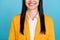 Cropped photo of happy joyful cheeful positive lady smile healthy teeth isolated on blue color background